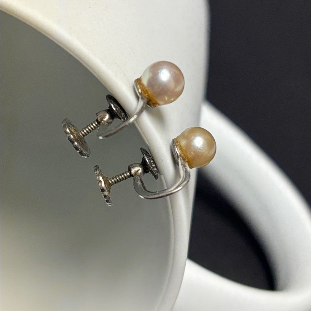 Vintage Sterling Silver and Champagne Pearl Screw Back Earrings